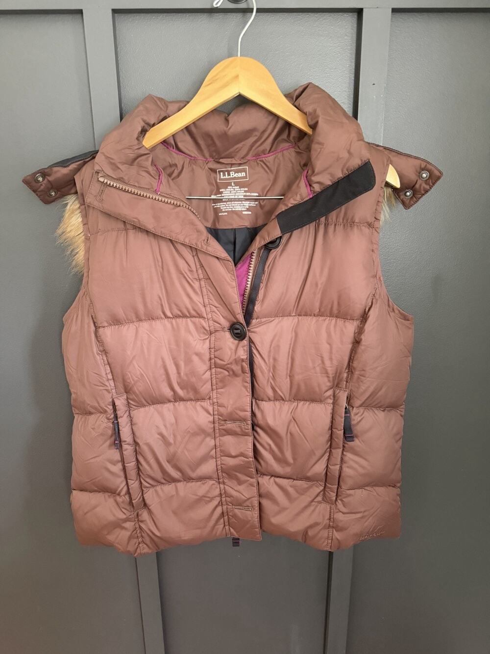 L.L. Bean Hooded Fur Trim Goose Down Nylon Quilted Puffer Best Women’s Large